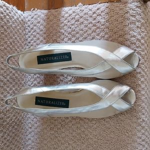 Silver open toe slingback heels